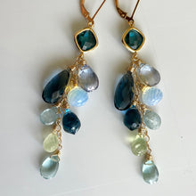 Load image into Gallery viewer, London Blue Quartz, Aquamarine, Opalite, Prehnite Cascade Cluster Earrings