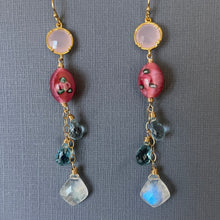 Load image into Gallery viewer, Moroccan Cut Moonstone, Vintage Glass, and Blue Topaz Long Dangles, OOAK
