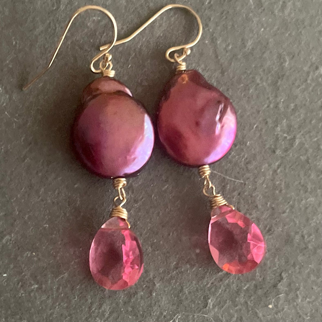 Bubblegum Pink and Plum Pearl Dangle Earrings