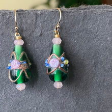Load image into Gallery viewer, Vintage Wedding Cake Emerald Green Teardrop Earrings, Metal Options