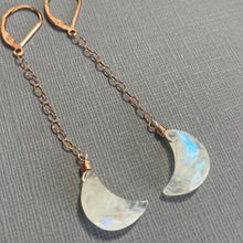 Load image into Gallery viewer, Moonstone Crescent Moon Dangles, 14k Rose Gold Filled, OOAK