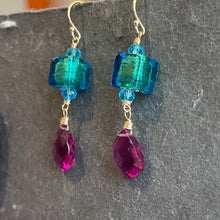 Load image into Gallery viewer, Vivid Teal and Magenta Golden Murano Glass Dangle Earrings