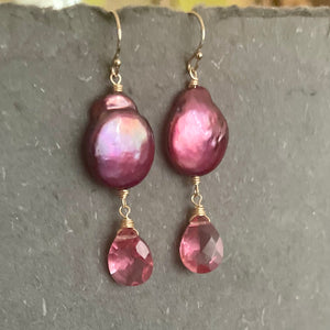 Bubblegum Pink and Plum Pearl Dangle Earrings