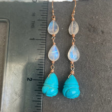 Load image into Gallery viewer, Carved Turquoise Hive and Moonstone Earrings, Rose Gold, OOAK