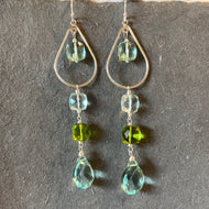 Sparkling Aquamarine Blues and Peridot Green Cushion Cut Hoop Earrings