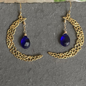 Blue Crescent Moon Gold Vermeil Earrings