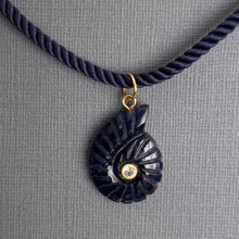 Load image into Gallery viewer, Sodalite and Cubic Zirconia carved Ammonite Necklace, Navy Cord