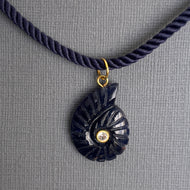 Sodalite and Cubic Zirconia carved Ammonite Necklace, Navy Cord