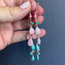 Load image into Gallery viewer, Pink Opal, Murano Glass, Amethyst, Turquoise Cascade Cluster Earrings