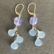 Load image into Gallery viewer, Pale Periwinkle Chalcedony and Lavender Quartz cushion Cut Cascade Earrings