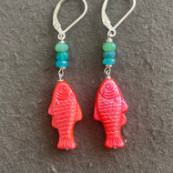 Just Peachy Coral Colored Czech Glass and Opal Fish Earrings