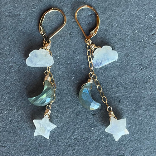 Cloud, Star, and Moon Earrings, Rainbow Moonstone and Labradorite, OOAK
