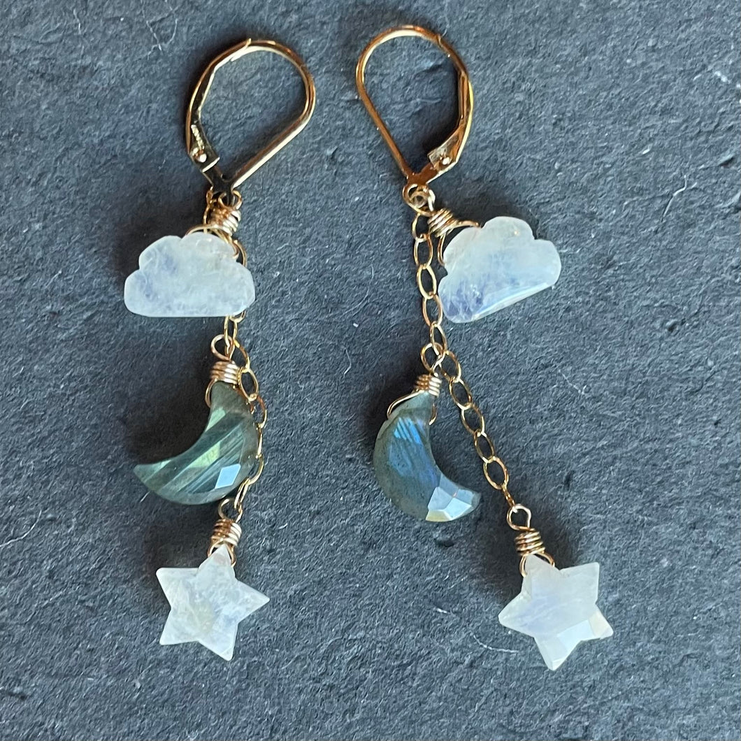 Cloud, Star, and Moon Earrings, Rainbow Moonstone and Labradorite, OOAK