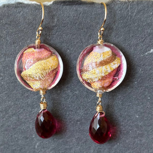 Watermelon and Gold Murano Glass and Quartz Dangle Earrings