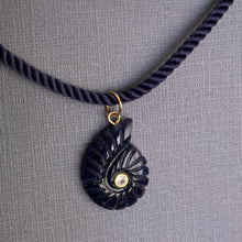 Load image into Gallery viewer, Sodalite and Cubic Zirconia carved Ammonite Necklace, Navy Cord