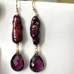 Biwa Plum Pearl and Quartz Earrings, OOAK