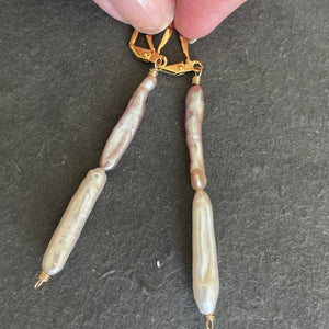 Japanese 2 Color Biwa Freshwater Pearl Dangle Earrings, OOAK