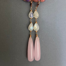 Load image into Gallery viewer, Rose Quartz and Rainbow Moonstone Dangle Earrings, Rose Gold, OOAK