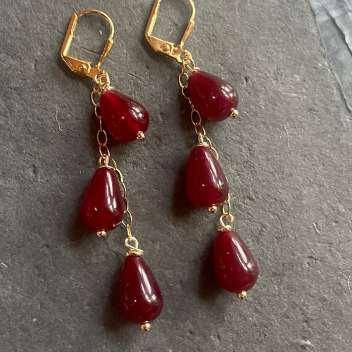 Garnet Red Jade Cascade Dangle Trio Earrings