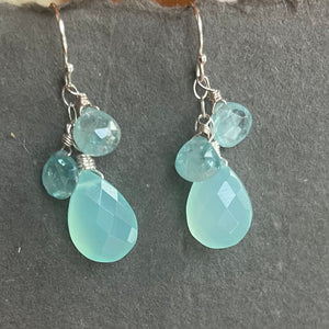 Blue Zircon and Chalcedony Dangle Earrings, OOAK