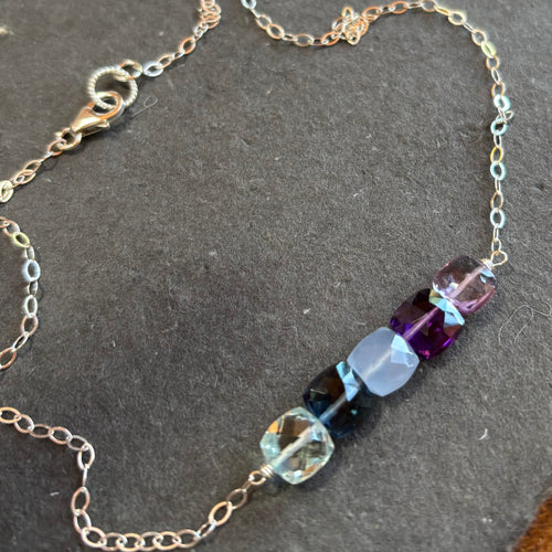 Cushion Cut Bar Necklace, blues, purples