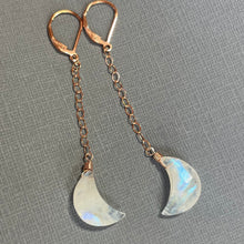 Load image into Gallery viewer, Moonstone Crescent Moon Dangles, 14k Rose Gold Filled, OOAK