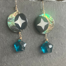 Load image into Gallery viewer, Mother of Pearl Moon and Stars Earrings, Teal Star OOAK