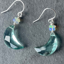 Load image into Gallery viewer, Aqua Blue Quartz and Opal Crescent Moon Earrings, metal and earwire options