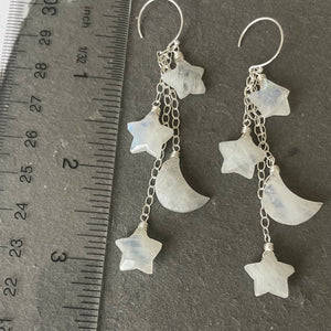 Stars and Moon Earrings, Rainbow Moonstone