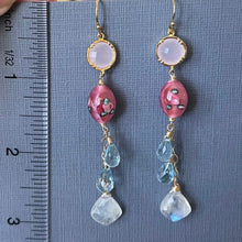 Load image into Gallery viewer, Moroccan Cut Moonstone, Vintage Glass, and Blue Topaz Long Dangles, OOAK