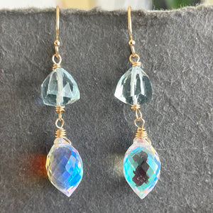 Aquamarine Quartz and Fire Rainbow Moonstone Dewdrop Dangles, metal choices