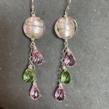Load image into Gallery viewer, Icy Pink and Green Murano Glass and Quartz Dangle Earrings