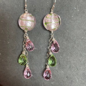 Icy Pink and Green Murano Glass and Quartz Dangle Earrings
