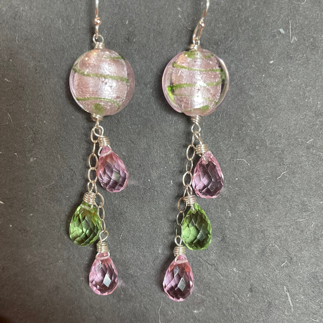 Icy Pink and Green Murano Glass and Quartz Dangle Earrings