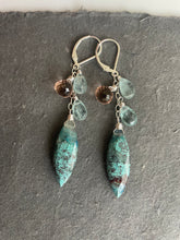 Load image into Gallery viewer, Chrysocolla, apatite, and peach chandelier earrings
