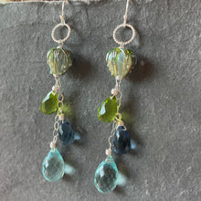 Load image into Gallery viewer, Flora European Lampwork And Quartz Dangle Earrings, Aqua, Smoke Blue and Greens, metal and earwire options