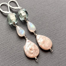 Load image into Gallery viewer, Murano Glass, Moonstone and Pearl Dangle Earrings, OOAK