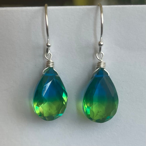 Sparkling Paraiba to Emerald PEAR cut Doublet Dangles, metal and earwire options available, Vibrant