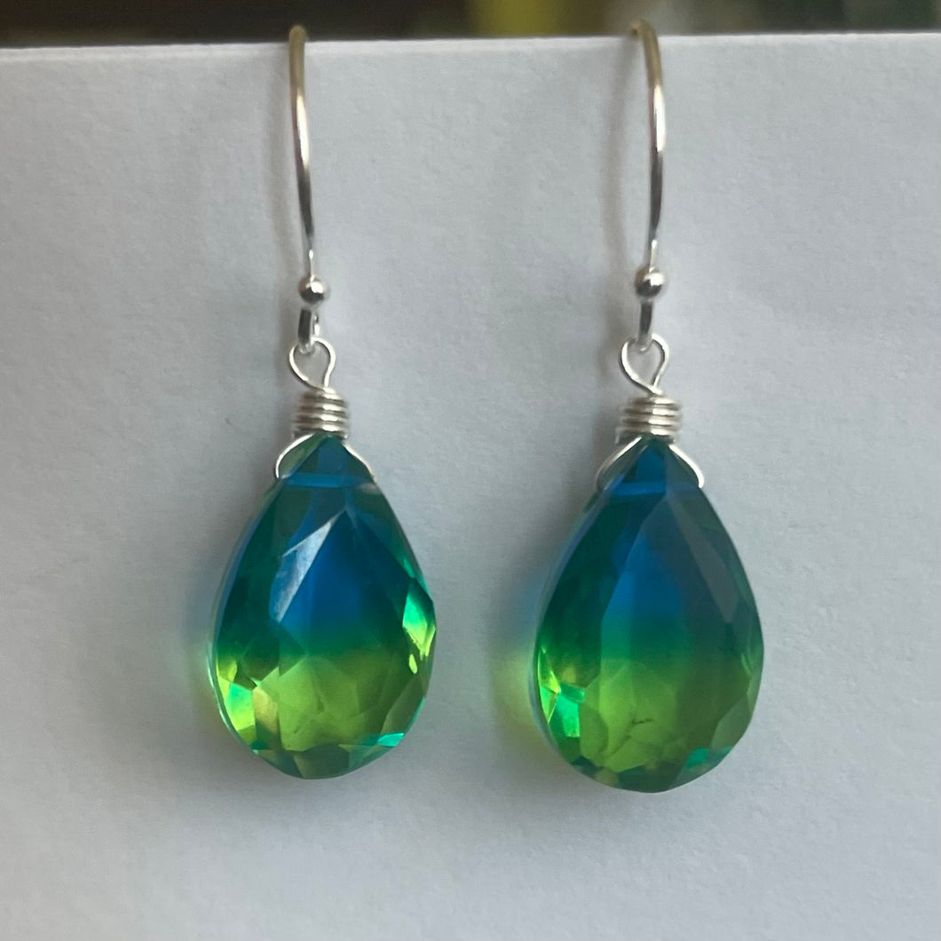 Sparkling Paraiba to Emerald PEAR cut Doublet Dangles, metal and earwire options available, Vibrant