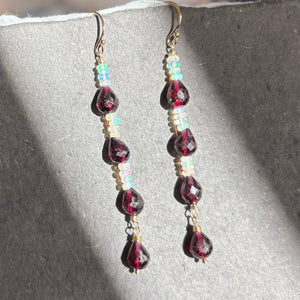Rhodolite Garnet and Opal Earrings, Gold, OOAK