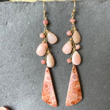 Load image into Gallery viewer, Fossil and Pink Opal Cascade Earrings, OOAK 008