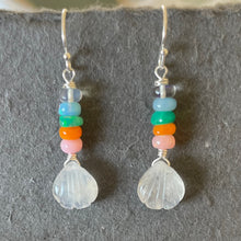 Load image into Gallery viewer, Rainbow Moonstone and Opal Carved Shell Earrings