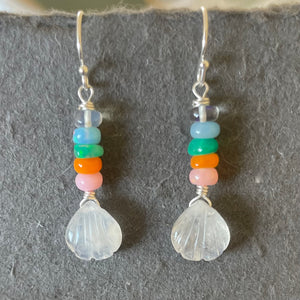 Rainbow Moonstone and Opal Carved Shell Earrings