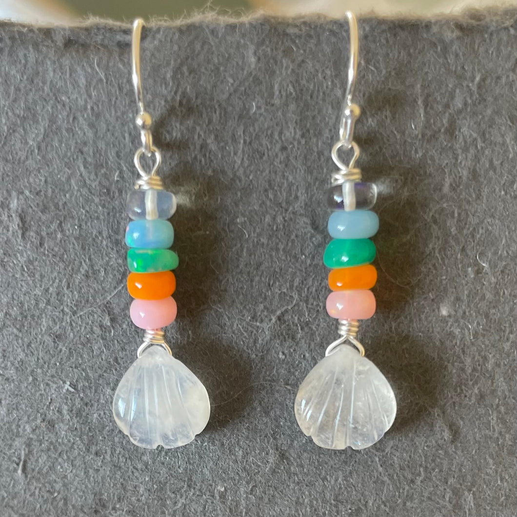 Rainbow Moonstone and Opal Carved Shell Earrings