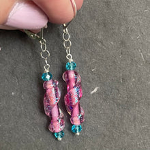 Load image into Gallery viewer, Dichroic Pink Murano Glass Dangle Earrings, Opal and Quartz, Metal options