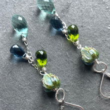 Load image into Gallery viewer, Flora European Lampwork And Quartz Dangle Earrings, Aqua, Smoke Blue and Greens, metal and earwire options