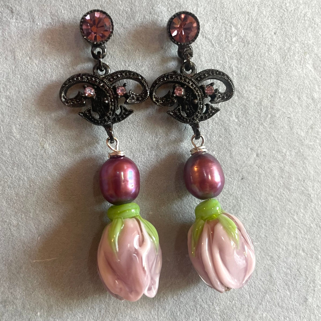 New x Vintage Combo Kunzite European Glass Flower Earrings, OOAK