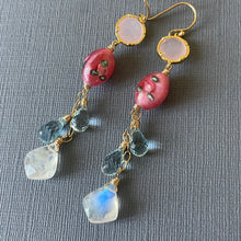 Load image into Gallery viewer, Moroccan Cut Moonstone, Vintage Glass, and Blue Topaz Long Dangles, OOAK