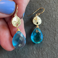 Load image into Gallery viewer, Gold and Topaz Quartz Sand Dollar Paraiba Blue Quartz Dangle Earrings