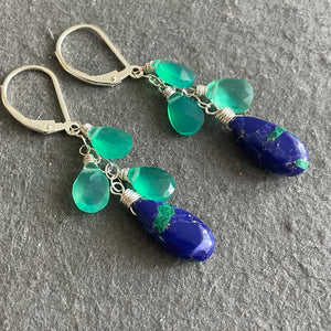 Sapphire Blue Copper Turquoise with green onyx dangle earrings